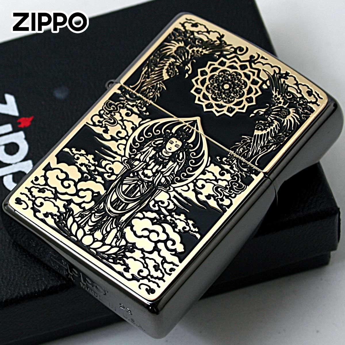 Zippo ジッポー 観世音 ブラックメタル ペイントプレート ネオブラック ゴールド Black Metal Paint Plate Neo Black BM G