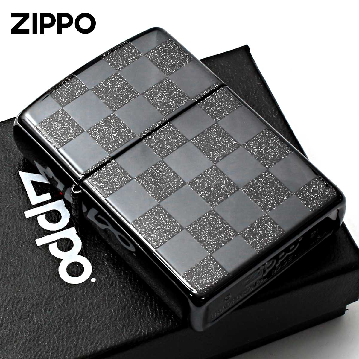 Zippo ジッポー チェック ラメ 幾何学模様 両面加工 ブラック ジオメトリック GEOMETRIC CHECK 25CK-BK メール便可