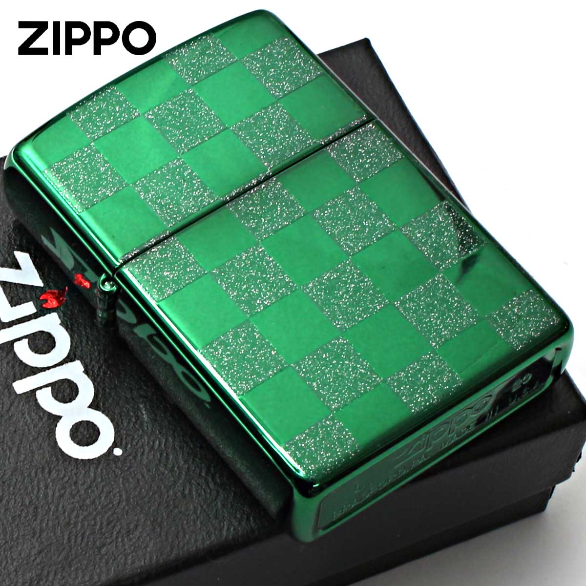 Zippo ジッポー チェック ラメ 幾何学模様 両面加工 グリーン ジオメトリック GEOMETRIC CHECK 25CK-GR メール便可