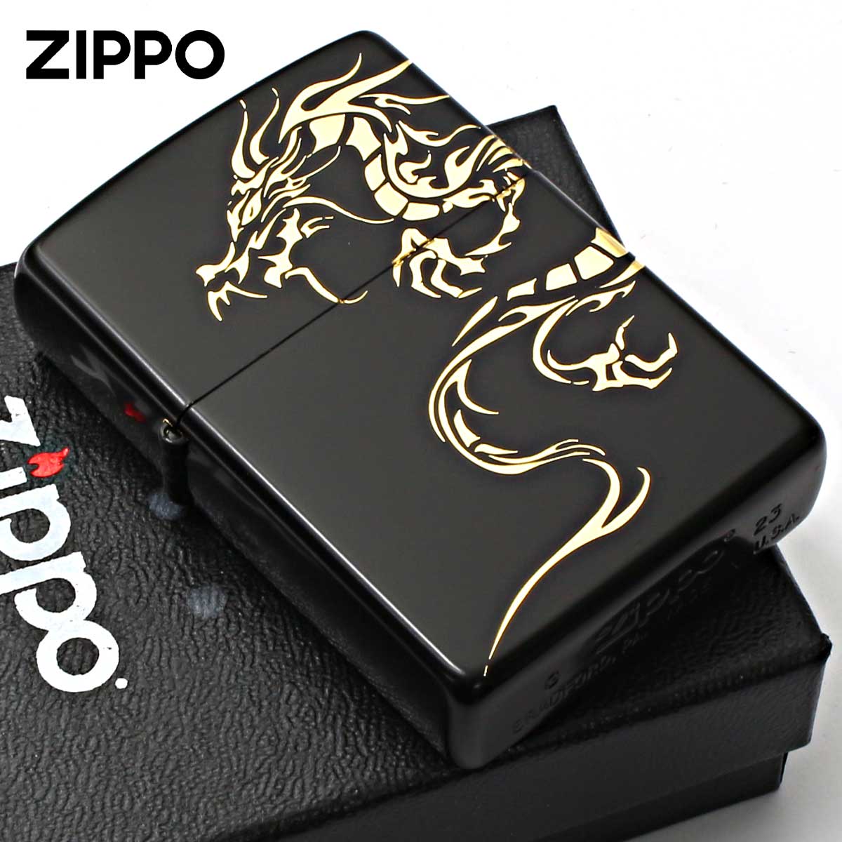 Zippo ジッポー 龍 ドラゴン 2面連続加工 ブラックマット 金サシ Tiger & Dragon 2BKG-DR