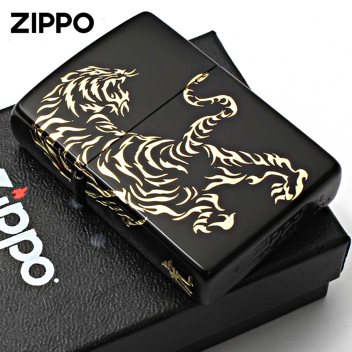 Zippo ジッポー 虎 タイガー 2面連続加工 ブラックマット 金サシ Tiger & Dragon 2BKG-TIGER
