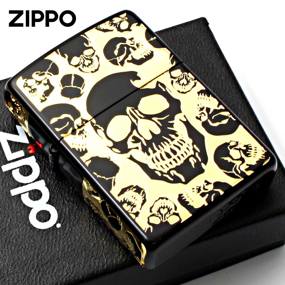 Zippo ジッポー スカル 骸骨 モッシュ スカル 5面加工 ブラックマット 金サシ MOSH SKULL 2BKG-5SKL メール便可