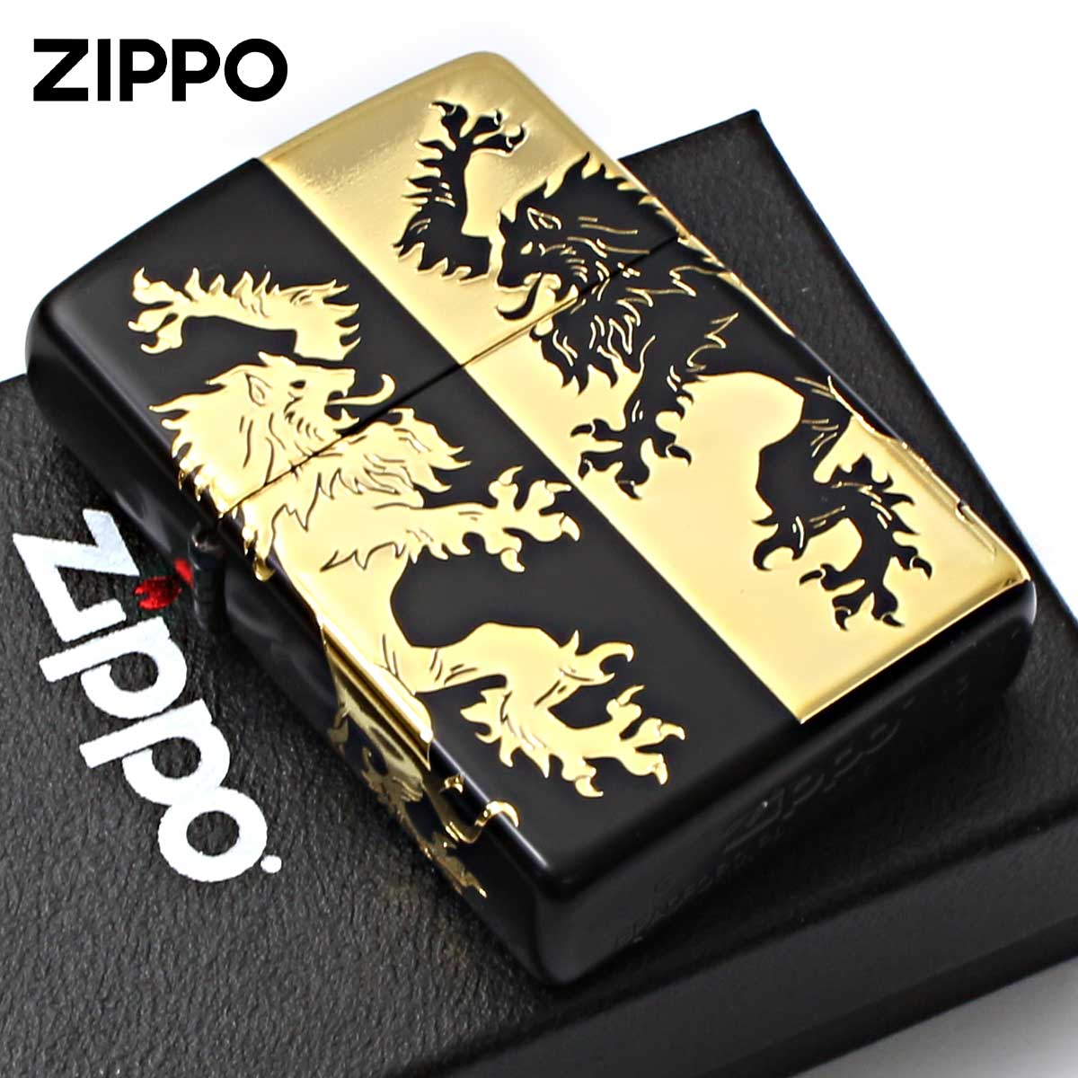 Zippo ジッポー ライオン ハーフ 4面連続加工 ブラック ゴールド Monotone LION 2BKG-LIHF メール便可