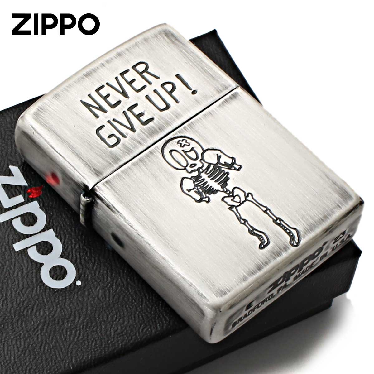 Zippo ジッポー スカル ドクロ 骸骨 ユーズド仕上げ FUNNY SKULL USED FINISH NEVER GIVE UP 決して諦めない 2UDS-GIVEUP