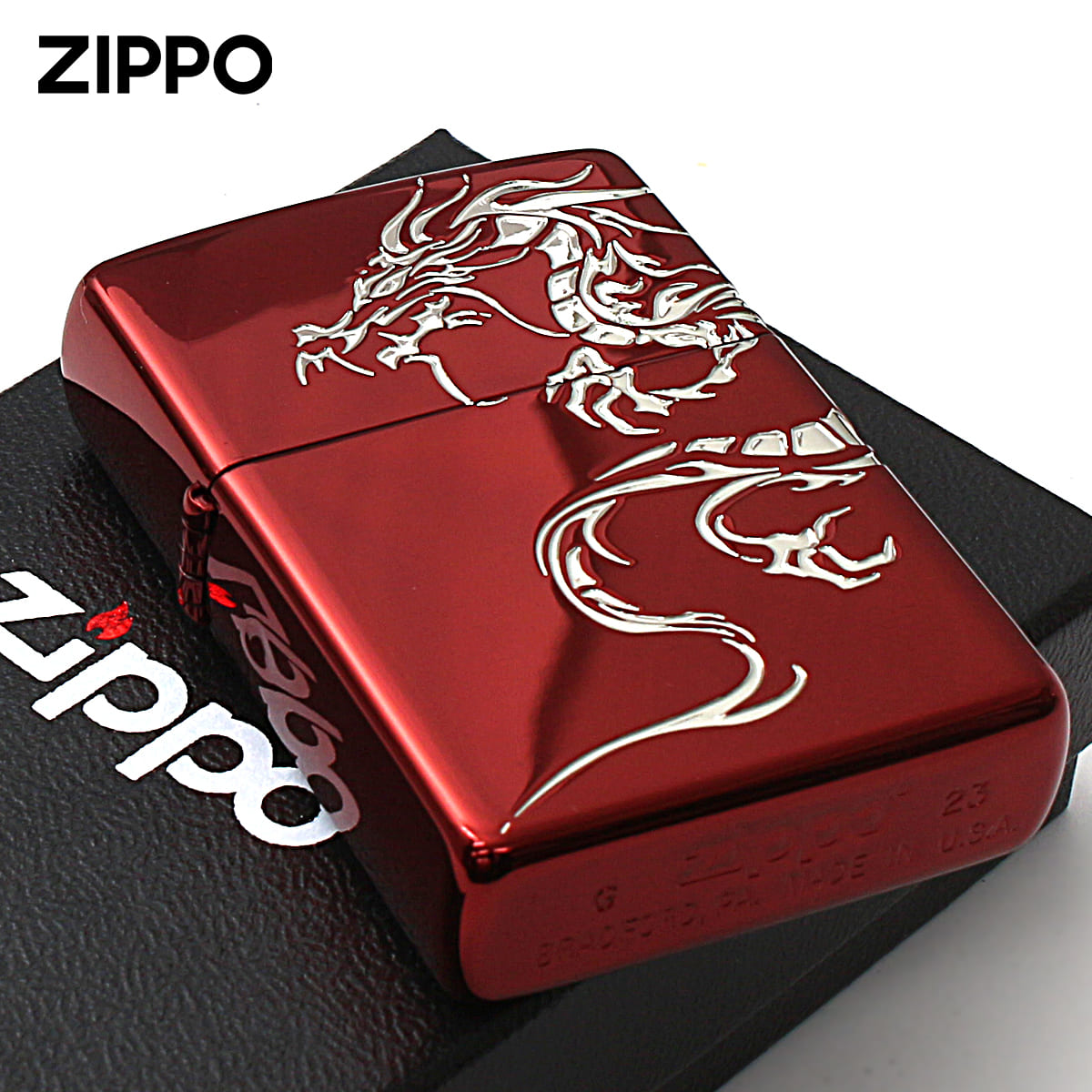 Zippo ジッポー 龍 ドラゴン 2面連続加工 レッドイオンコーティング 銀サシ Tiger & Dragon 2REDS-DR