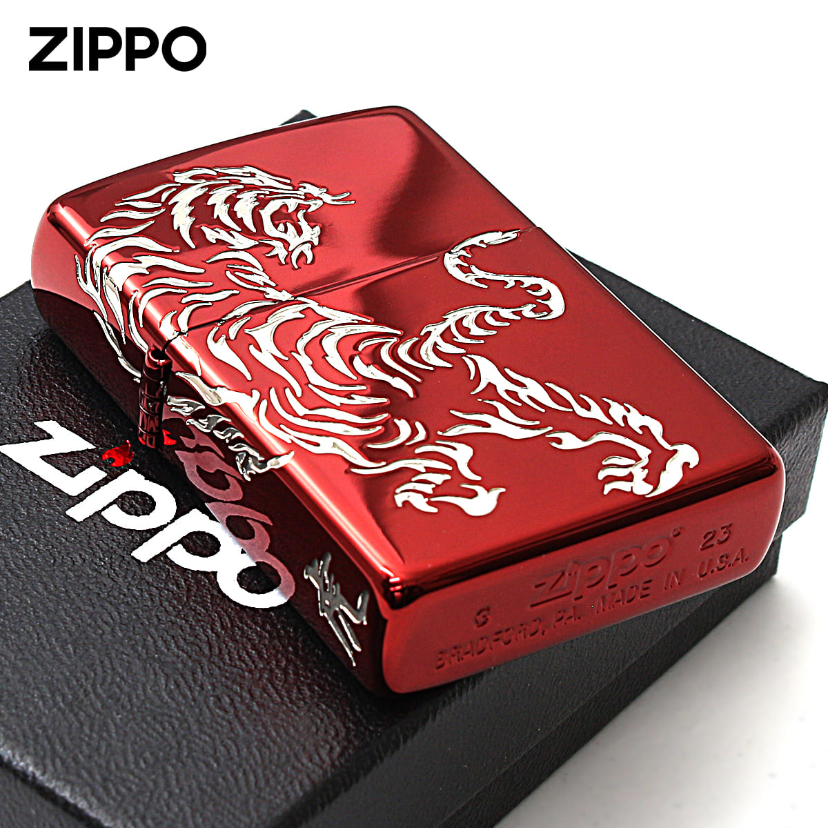 Zippo ジッポー 虎 タイガー 2面連続加工 レッドイオンコーティング 銀サシ Tiger & Dragon 2REDS-TIGER