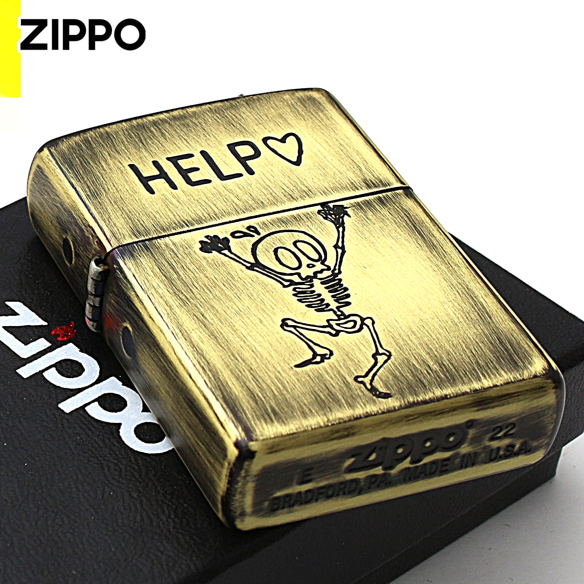Zippo ジッポー スカル ドクロ 骸骨 真鍮 ブラス ユーズド仕上げ FUNNY SKULL USED FINISH HELP 助けて 2UDB-HELP メール便可
