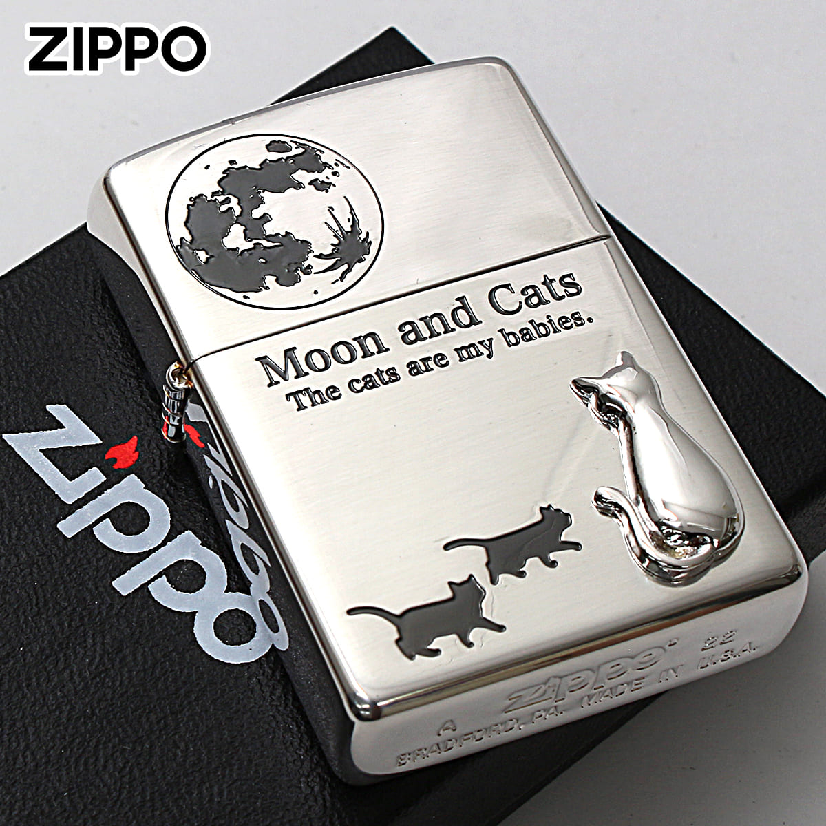 Zippo ジッポー ネコ 猫 Cat 月 ムーン 月と猫 メタル 銀メッキ Moon and Cats 2SIM-MOONCAT