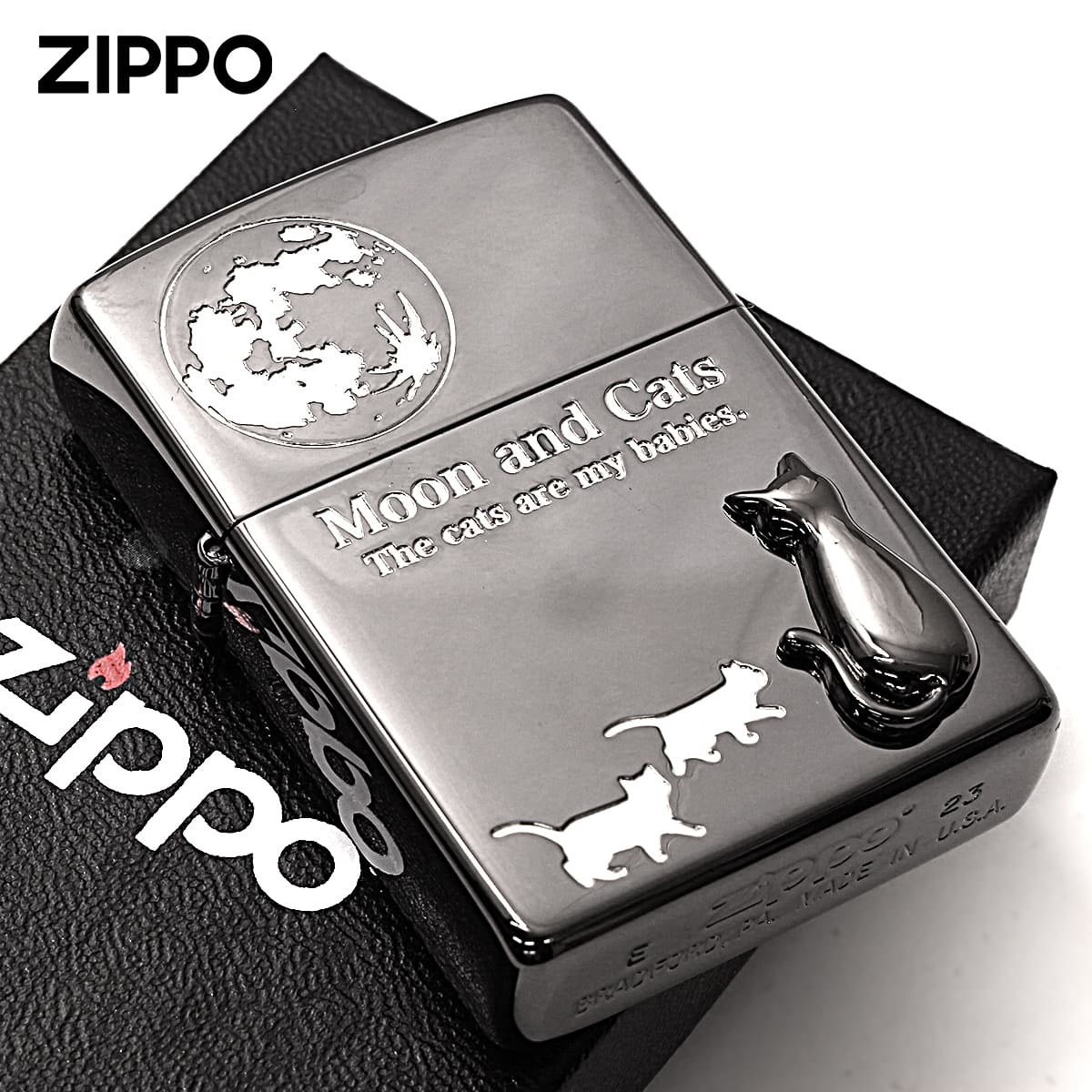 Zippo ジッポー ネコ 猫 Cat 月 ムーン 月と猫 メタル ブラックニッケル Moon and Cats 2BKSM-MOONCAT メール便可