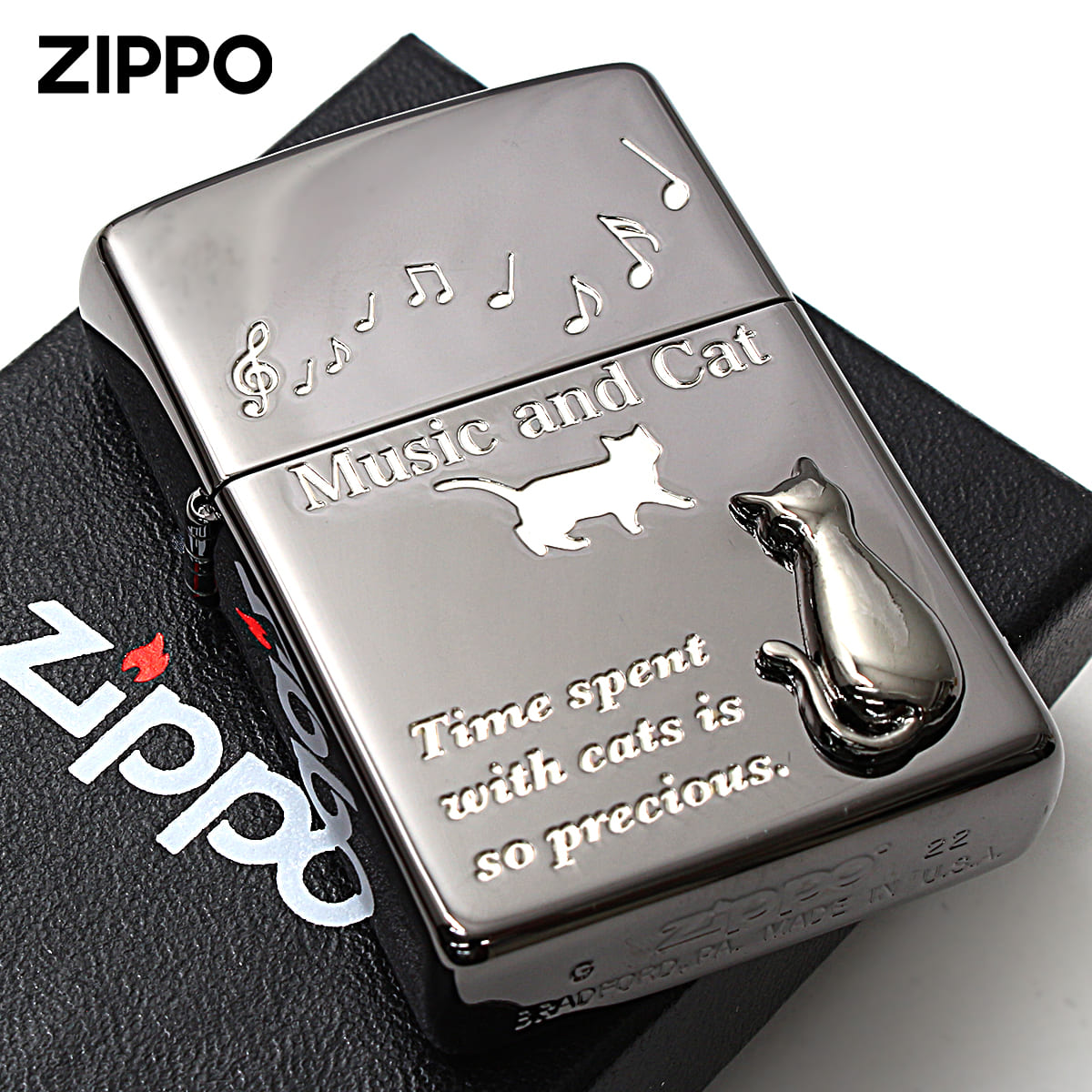 Zippo ジッポー ネコ 猫 Cat ミュージック 音符 音楽と猫 メタル ブラックニッケル Music and Cats 2BKSM-MUSICCAT メール便可