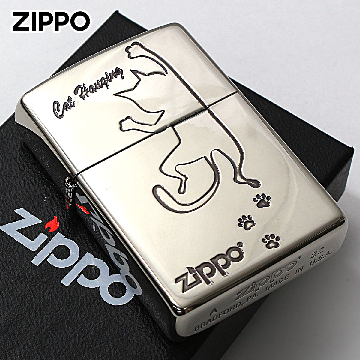 Zippo ジッポー ネコ 猫 Cat 足跡 愛くるしい ニッケルメッキ Cat Hanging NI-CATHANG1 メール便可
