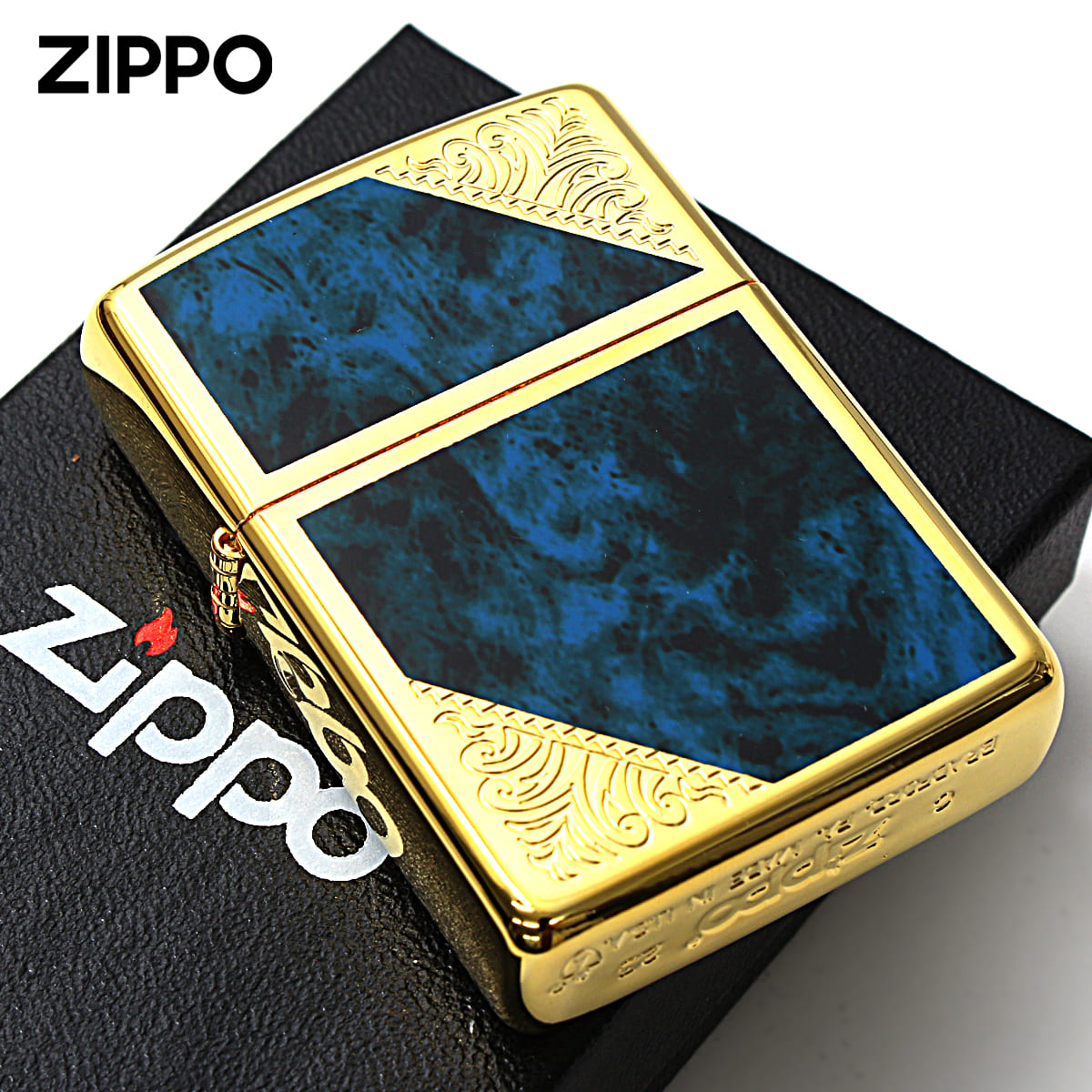 Zippo ジッポー アーマー 大理石調 ベネチアン ブルー マーブル アラベスク 唐草 金メッキ ARMOUR VENETIAN ゴールドタンク 162GW-BLM