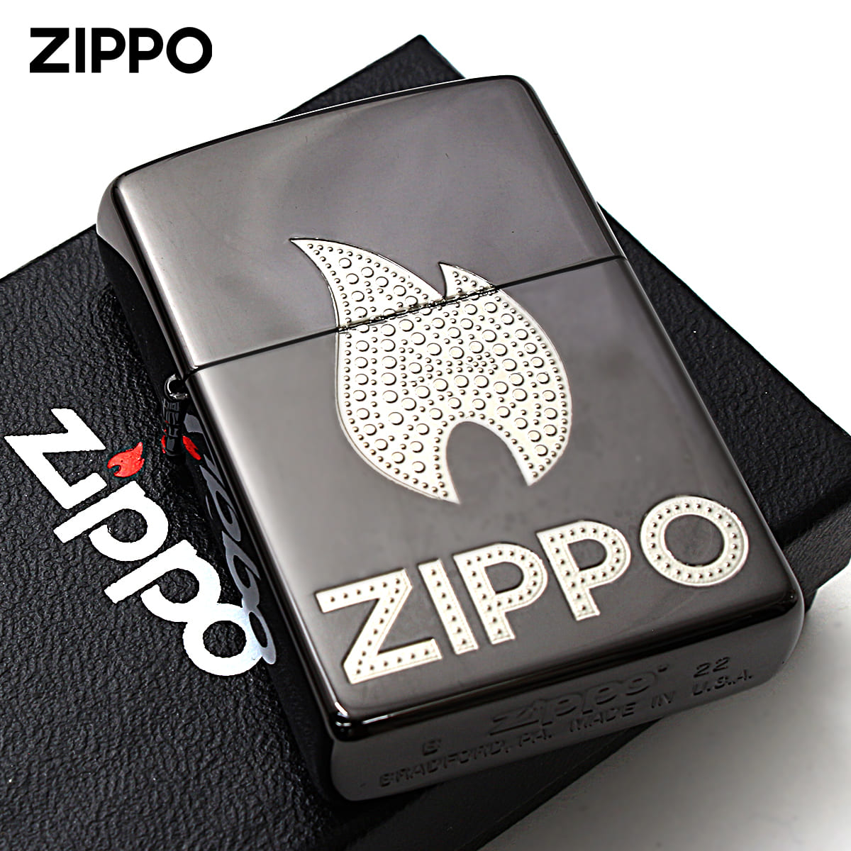 Zippo ジッポー 炎 アイコンフレーム ジッポ ロゴ ブラックニッケル 銀サシ ZIPPO LOGO Flame Gold 2BKS-Z メール便可