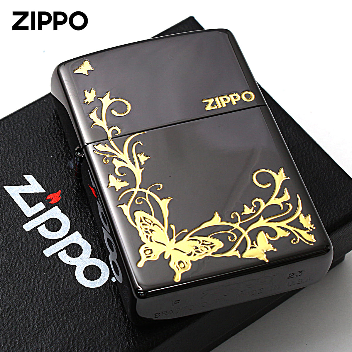 Zippo ジッポー バタフライ アラベスク 蝶々 唐草 ブラックニッケル 金サシ BUTTERFLY DESIGN 2BKG-BUT