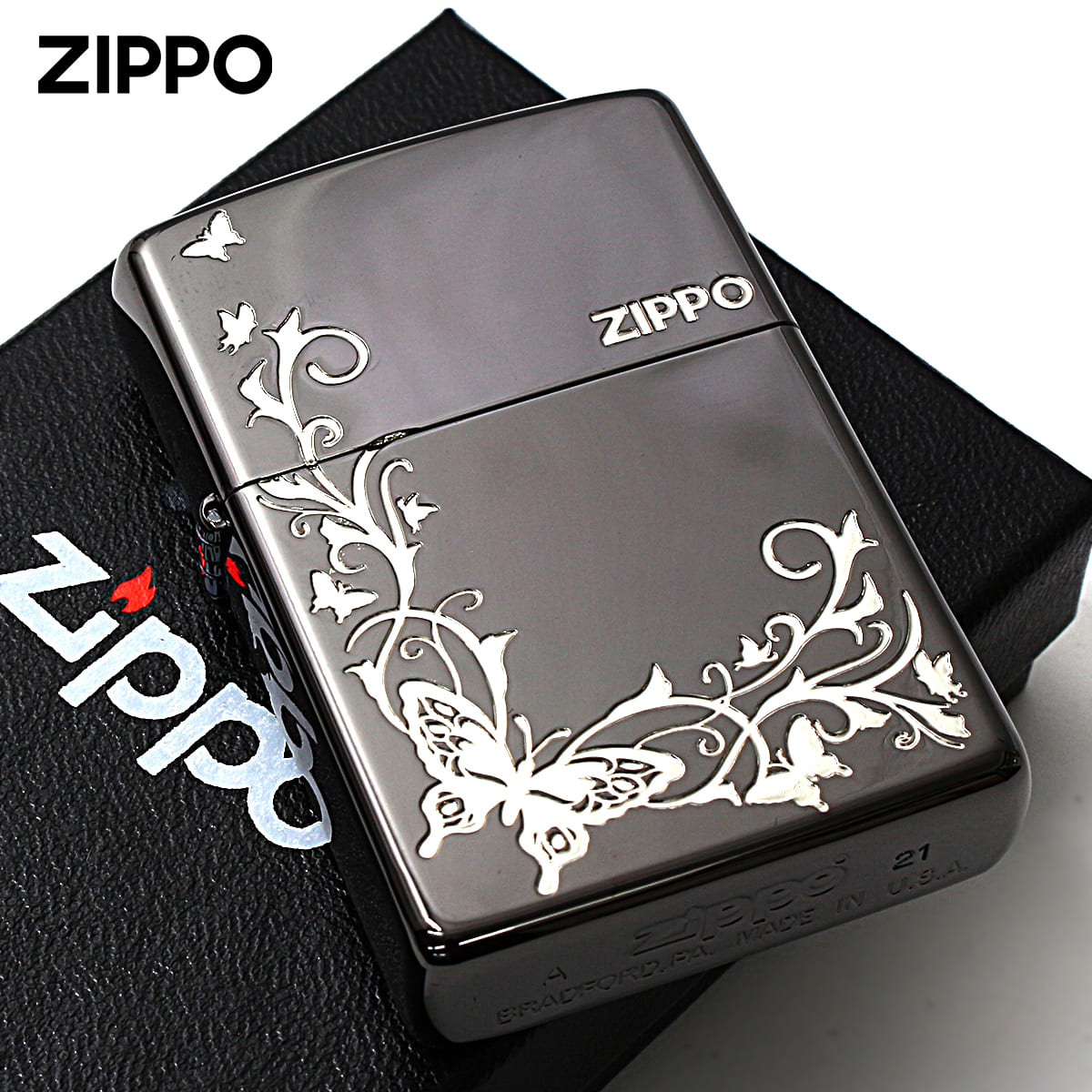 Zippo ジッポー バタフライ アラベスク 蝶々 唐草 ブラックニッケル 銀サシ BUTTERFLY DESIGN 2BKS-BUT