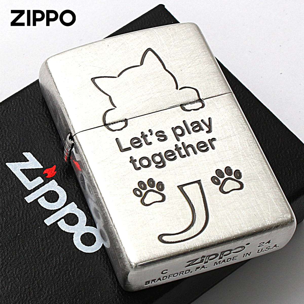 Zippo ジッポー ネコ 猫 Cat 一緒に遊ぼう ユーズド仕上げ 銀メッキ CAT Series Let's play together 2UDSI-CAT