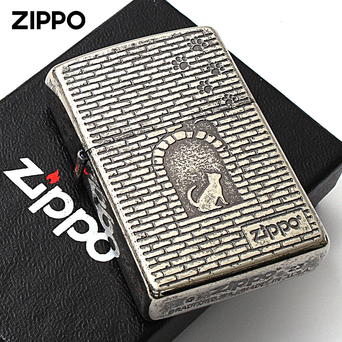 Zippo ジッポー ネコ 猫 Cat 窓辺に猫 ニッケルバレル CAT Series Cat in brick window 2NIB-BLOCKCAT メール便可