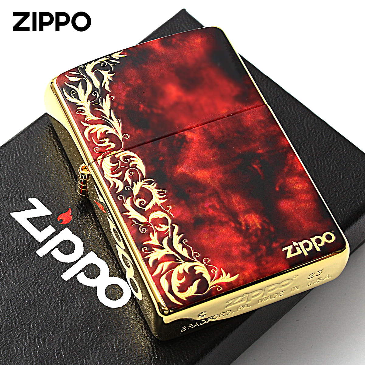 Zippo ジッポー 大理石調 レッドマーブル アラベスク 唐草 金メッキ Marble Arabesque 2G-REDARZ