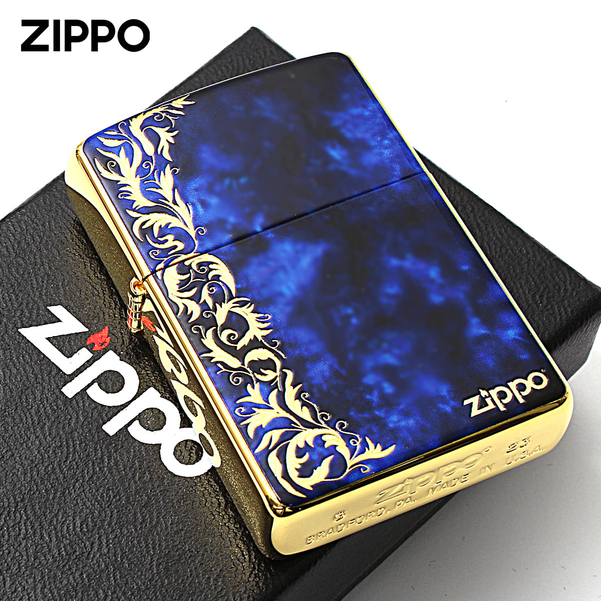 Zippo ジッポー 大理石調 ブルーマーブル アラベスク 唐草 金メッキ Marble Arabesque 2G-BLARZ