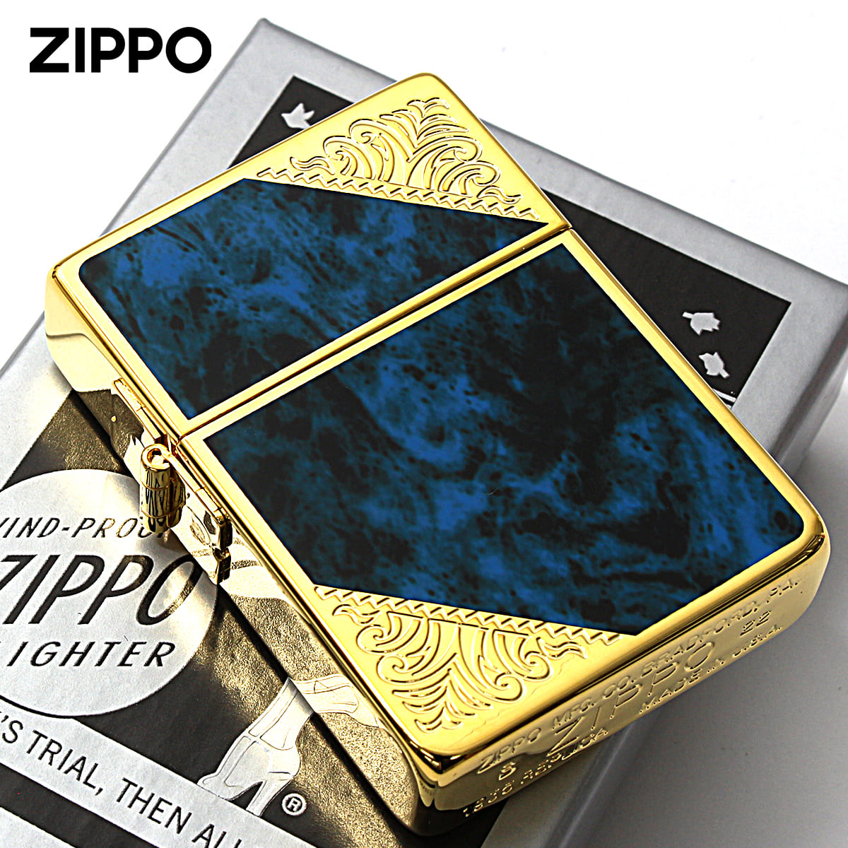 Zippo ジッポー 1935レプリカ 大理石調 ベネチアンデザイン ブルーマーブル アラベスク 唐草 金メッキ VENETIAN DESIGN 1935GW-BLM