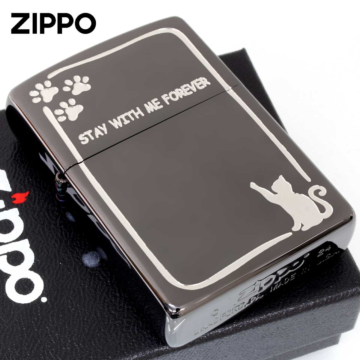 Zippo ジッポー ネコ 猫 足跡 STAY WITH ME FOREVER いつまでも一緒にいて ブラック 2BKS-CATSTAY