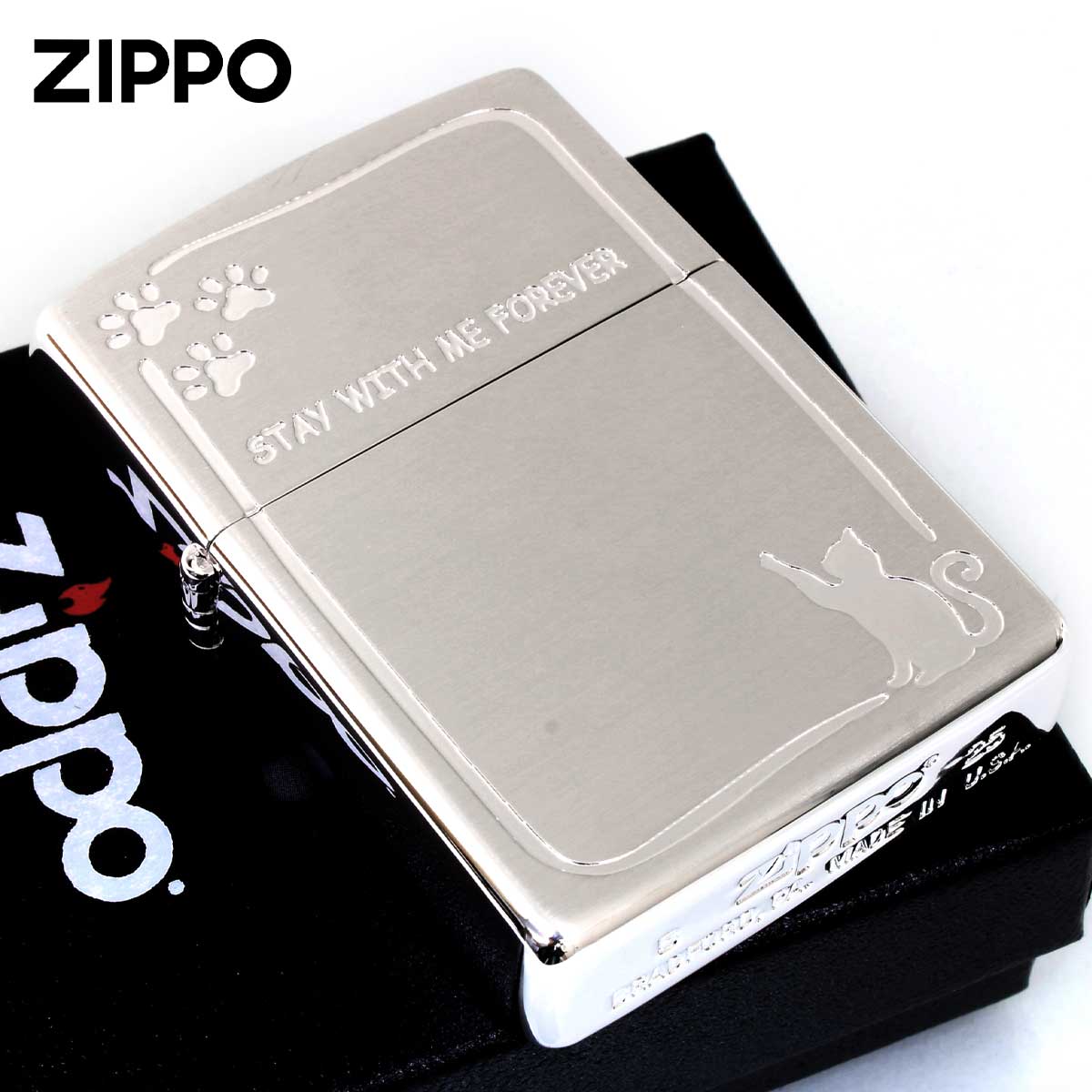 Zippo ジッポー ネコ 猫 足跡 STAY WITH ME FOREVER いつまでも一緒にいて シルバー 2SS-CATSTAY