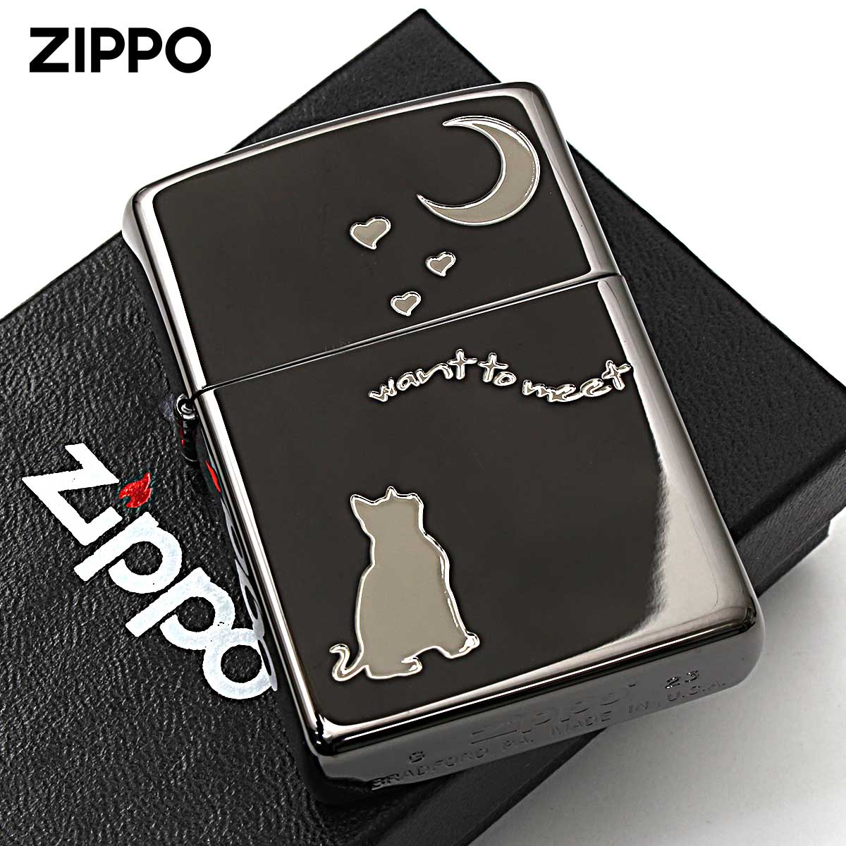 Zippo ジッポー ネコ 猫 Cat 月 Moon シルエット ブラックニッケル CAT in LOVE 2CAT-BNA