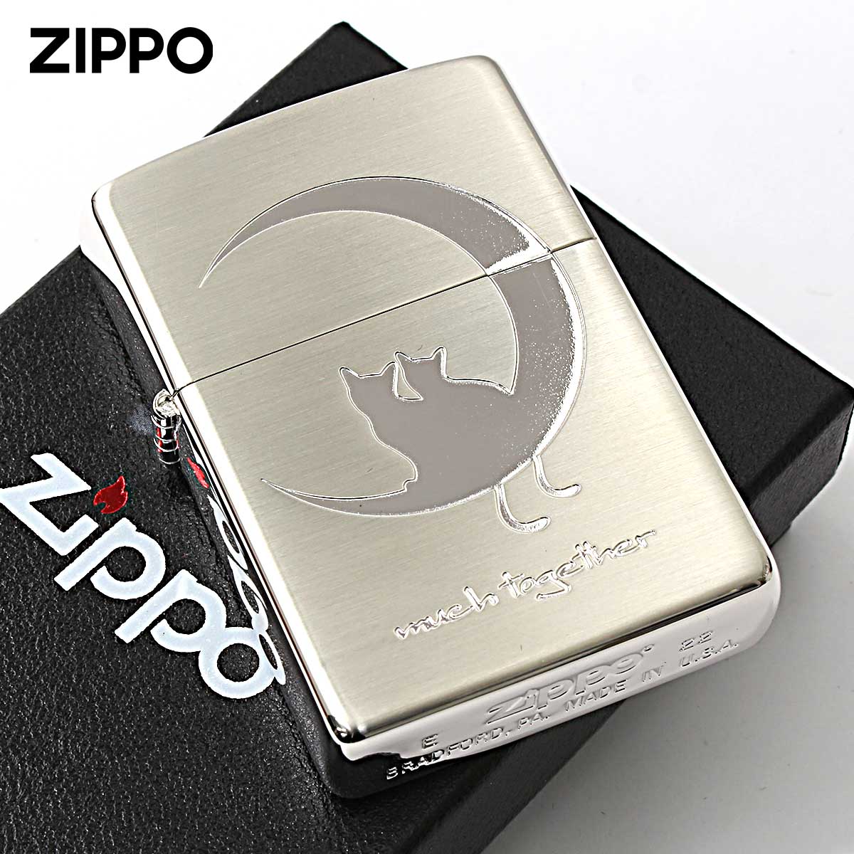 Zippo ジッポー ネコ 猫 Cat 月 Moon シルエット シルバーサテン CAT in LOVE 2CAT-SSB