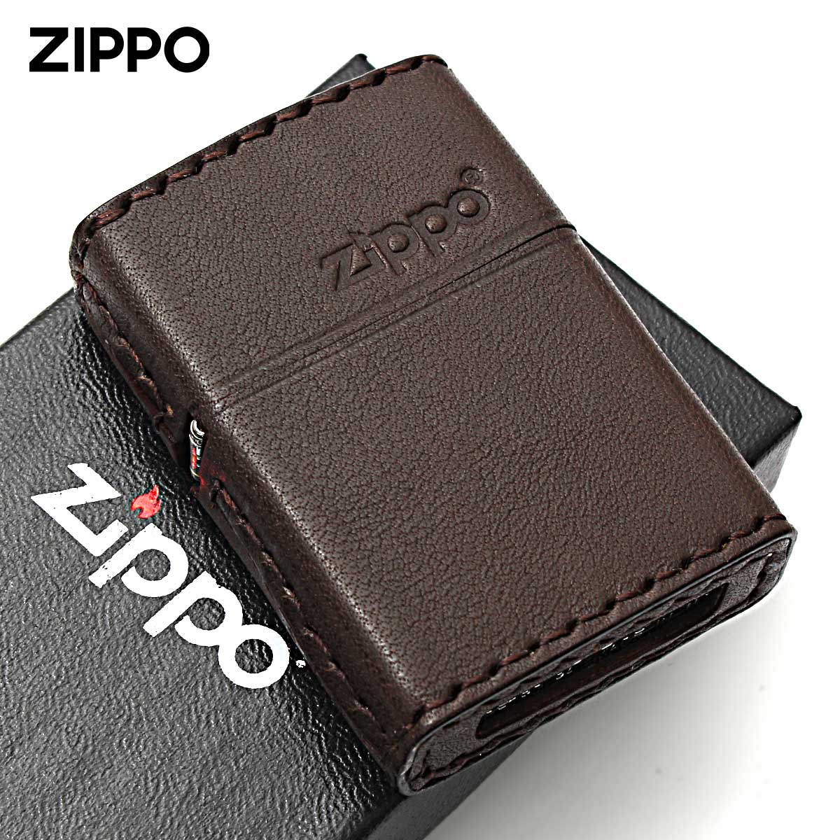 Zippo ジッポー 革巻き 牛革 レザー ジッポ ロゴ ブラウン ハンドメイド 手縫い REAL LEATHER ZIPPO LOGO DB-5