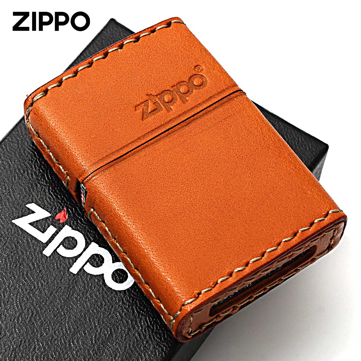 Zippo ジッポー 革巻き 牛革 レザー ジッポ ロゴ キャメル ハンドメイド 手縫い REAL LEATHER ZIPPO LOGO LB-5