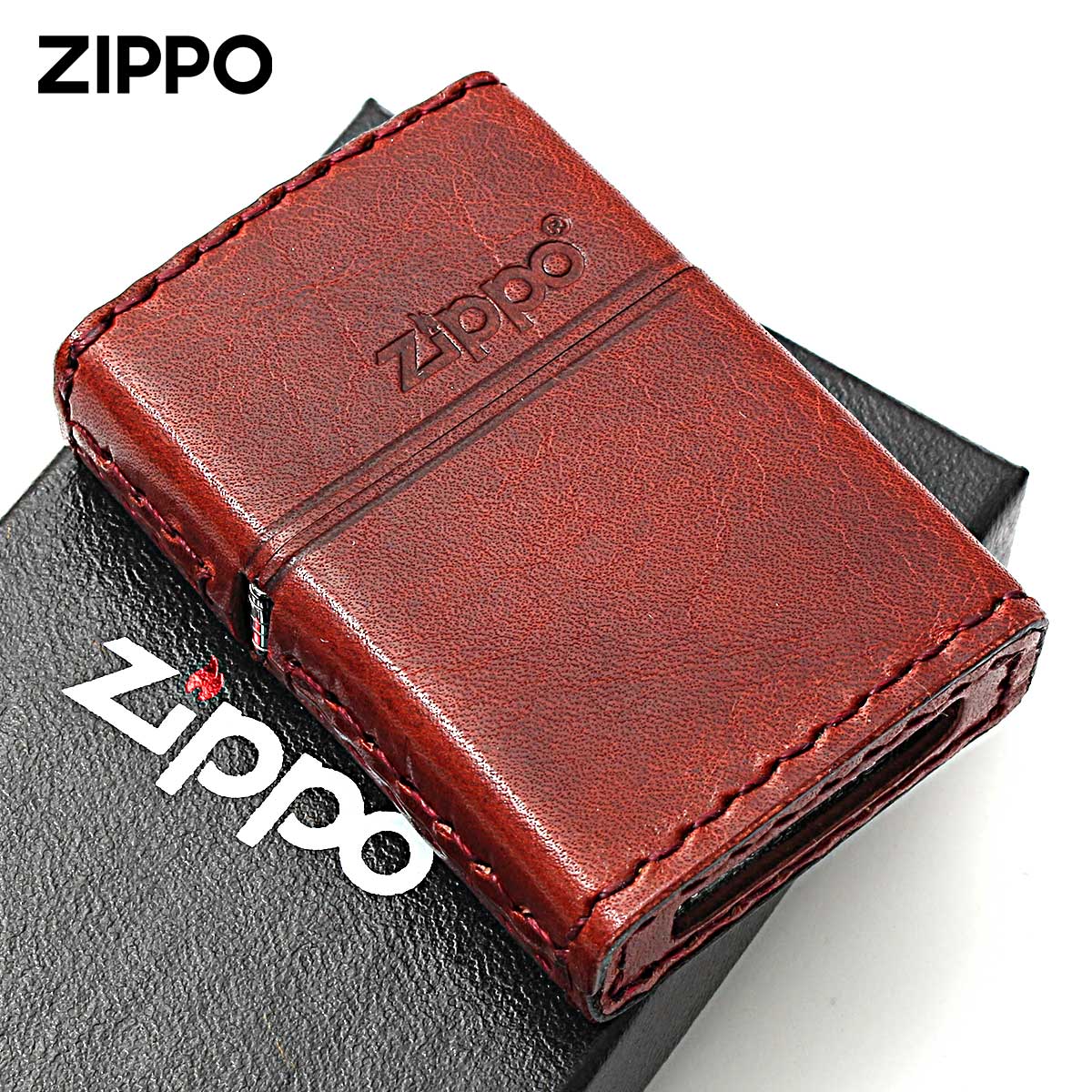 Zippo ジッポー 革巻き 牛革 レザー ジッポ ロゴ レッド ハンドメイド 手縫い REAL LEATHER ZIPPO LOGO RD-5