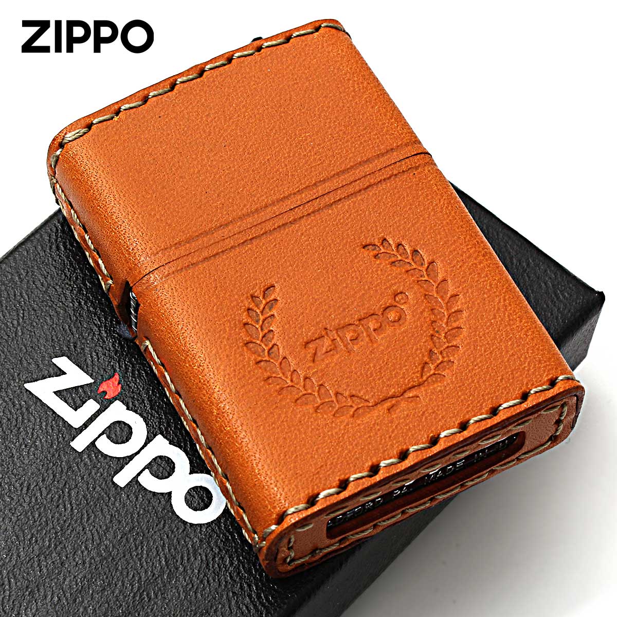Zippo ジッポー 革巻き 牛革 レザー ジッポ ロゴ 月桂樹 キャメル ハンドメイド 手縫い REAL LEATHER ZIPPO LOGO LB-7