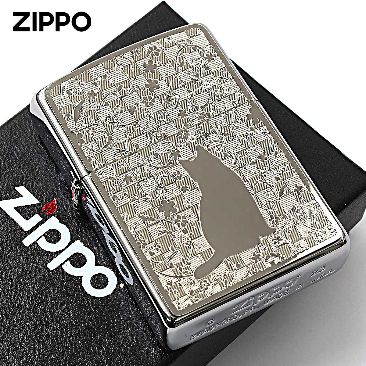 Zippo ジッポー ネコ 猫 Cat With 花 #200 メタルプレート 2MP-花 メール便可