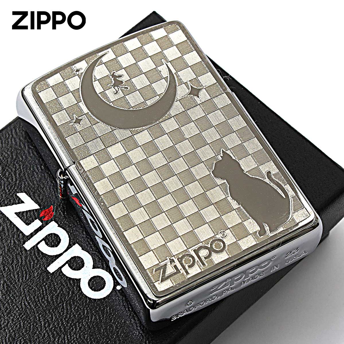 Zippo ジッポー ネコ 猫 Cat With 月 #200 メタルプレート 2MP-月 メール便可