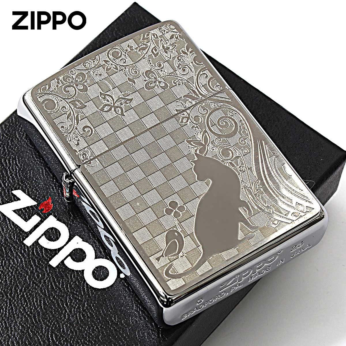 Zippo ジッポー ネコ 猫 Cat With 小鳥 #200 メタルプレート 2MP-小鳥 メール便可