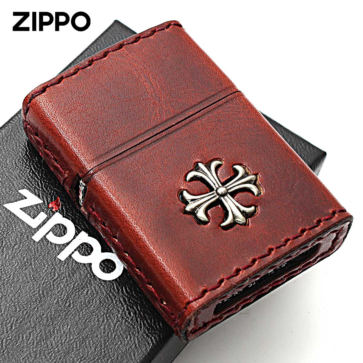 Zippo ジッポー 牛革巻き クロス 十字架 Cross ダメージレッド クロス 手縫い 2CM-3RD