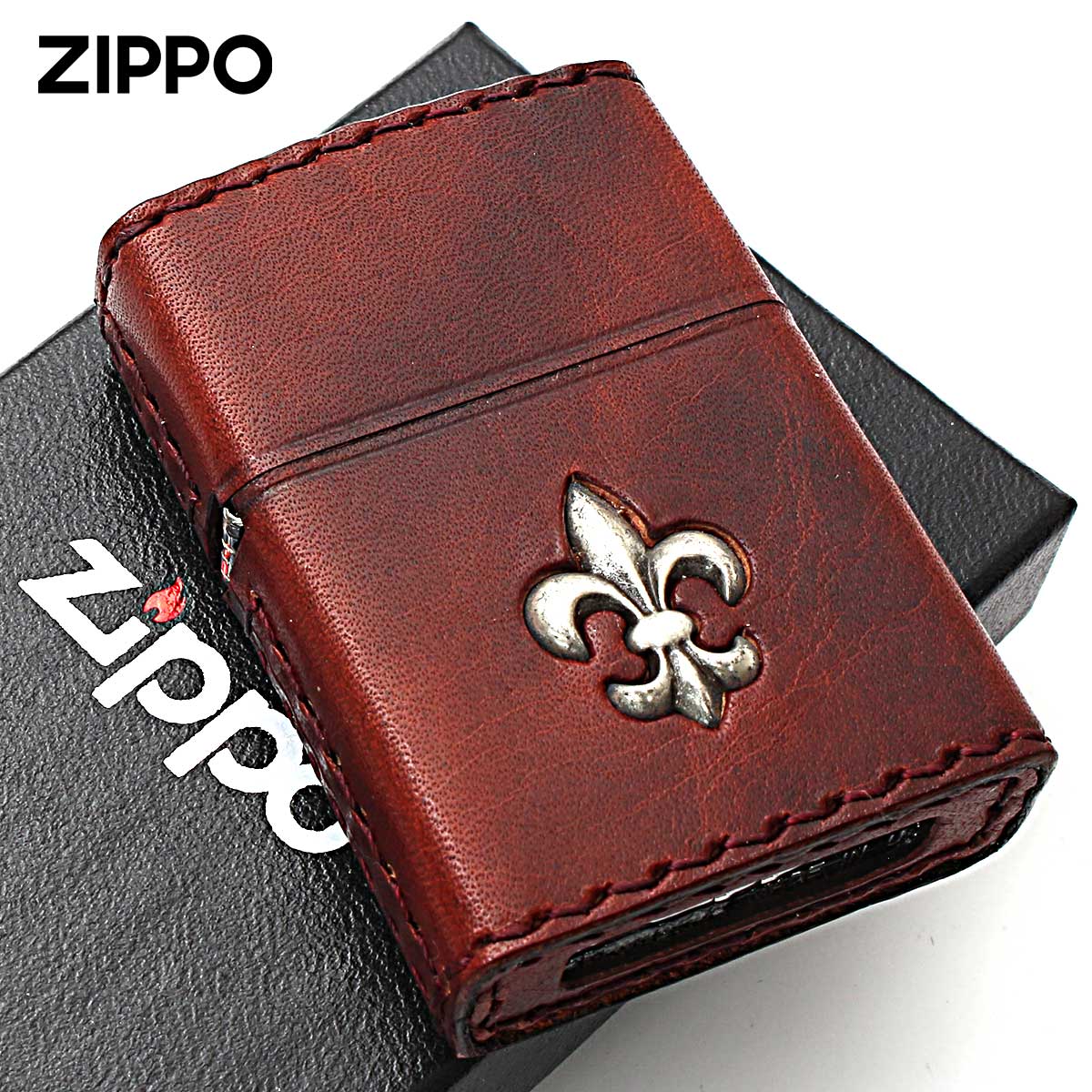 Zippo ジッポー 牛革巻き ユリ Yuri 王家の紋章 ダメージレッド ユリ 手縫い 2YM-3RD