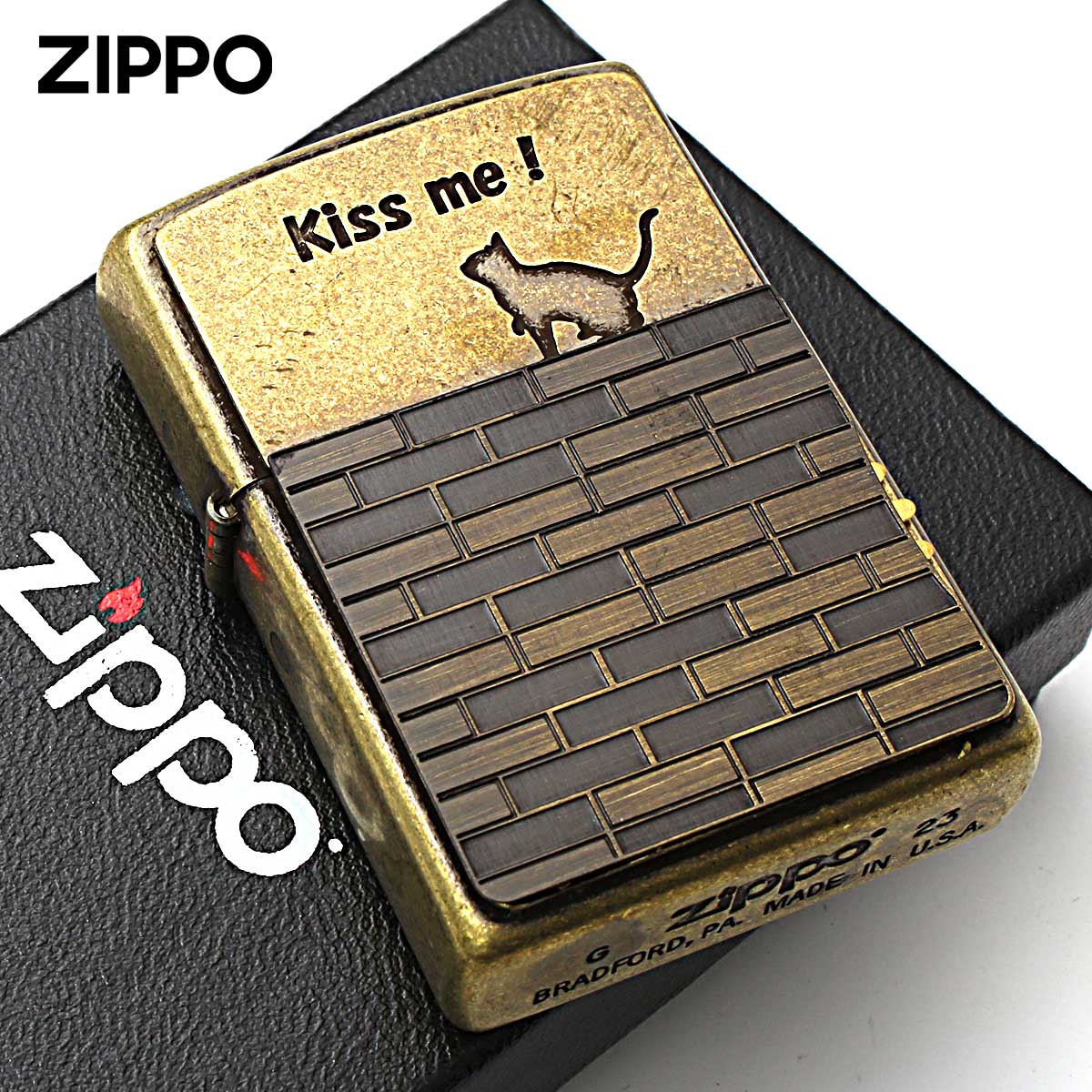 Zippo ジッポー ネコ 猫 Cat キスミー キャッツ バレル加工 ブラス Kiss me cat's トリックジッポー ZTR-CAT BB メール便可