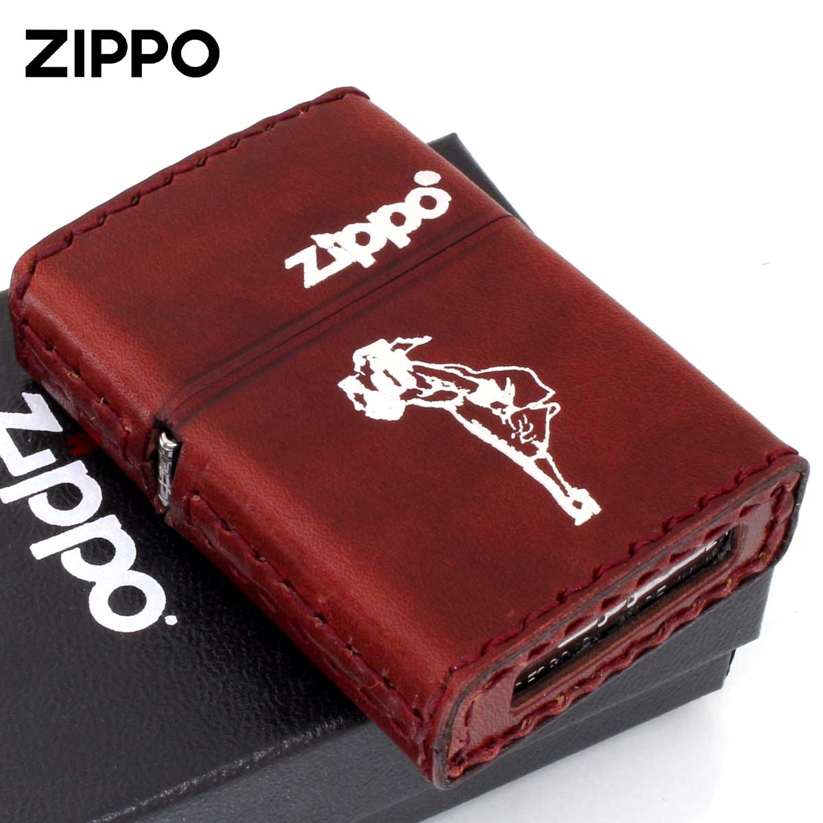 Zippo ジッポー 革巻き ウインディ 銀箔押し レッド RD-WS