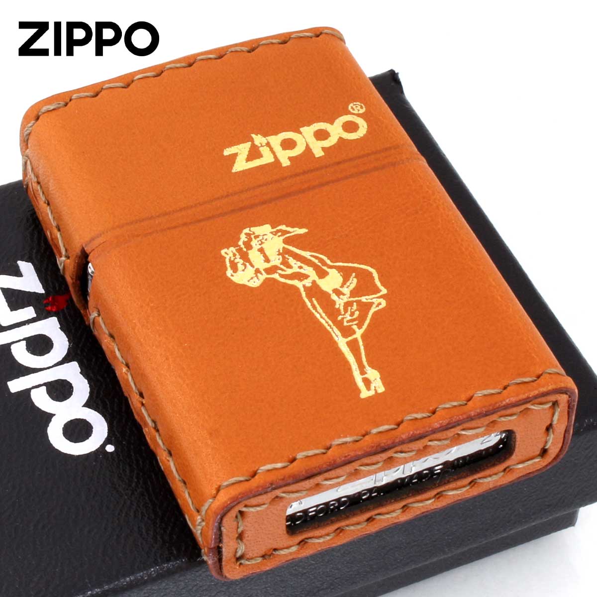 Zippo ジッポー 革巻き ウインディ 金箔押し キャメル LB-WG