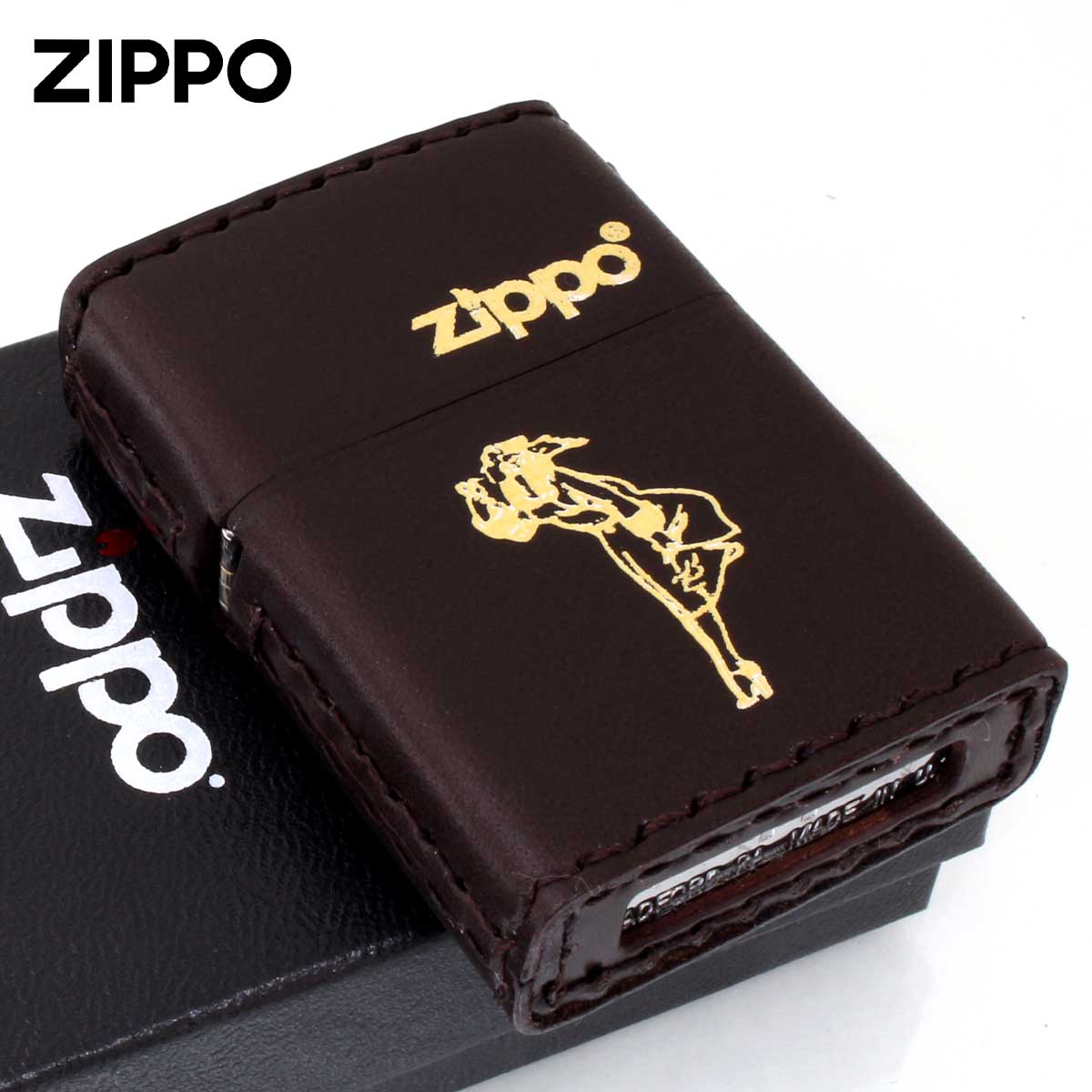 Zippo ジッポー 革巻き ウインディ 金箔押し ダークブラウン DB-WG