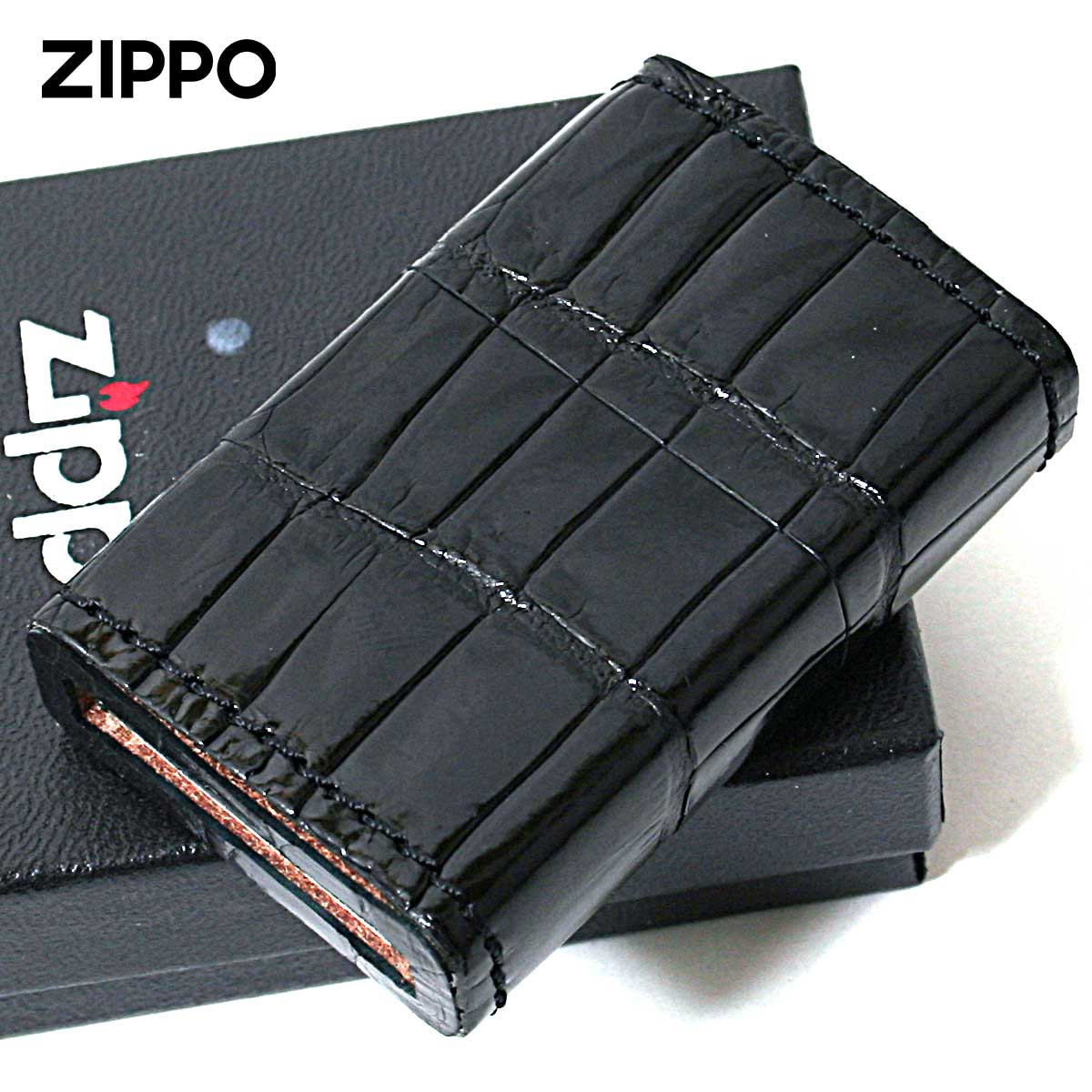 Zippo ジッポー 革巻き 本革 クロコダイル ワニ 黒 ブラック