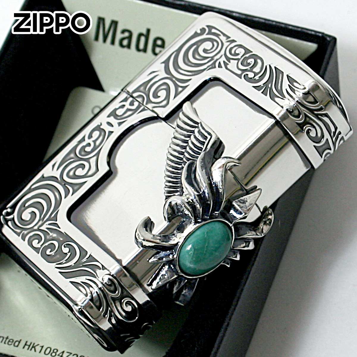 Zippo ジッポー ターコイズ 天然石 ウイング 羽 メタル 銀イブシ ストーンウィングメタル ターコイズ