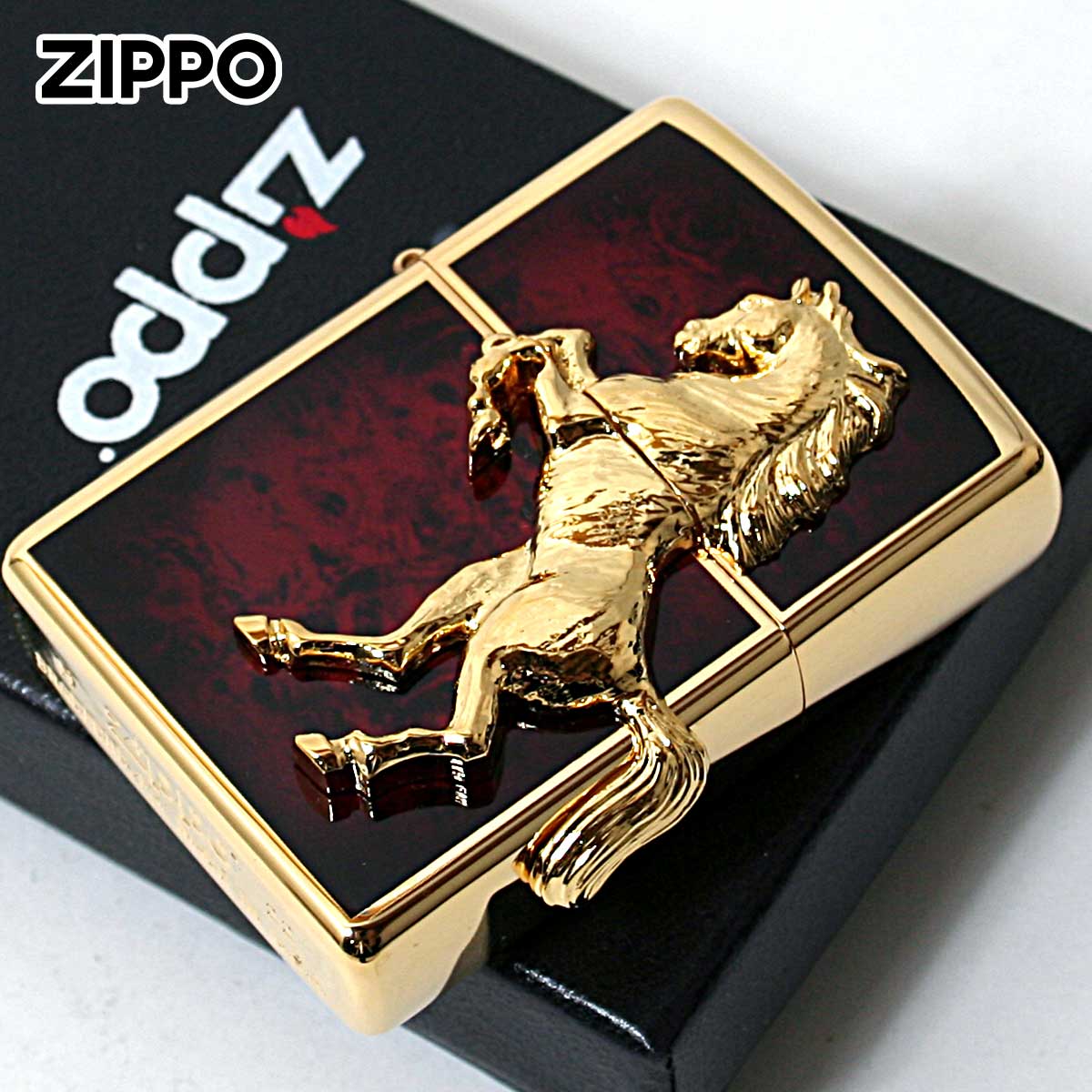 Zippo ジッポー 馬 ホース 2面連続メタル ウイニング ウィニー ゴールドプレート レッドマーブル ゴールドタンク ディープレッド