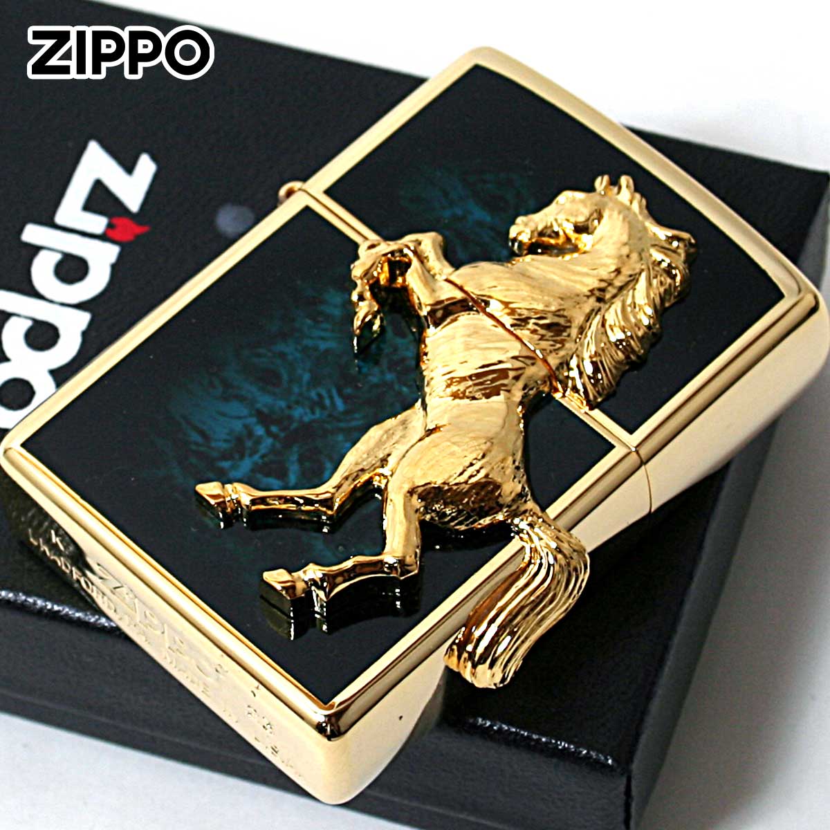 Zippo ジッポー 馬 ホース 2面連続メタル ウイニング ウィニー ゴールドプレート ブルーマブル ゴールドタンク アトランティックブルー