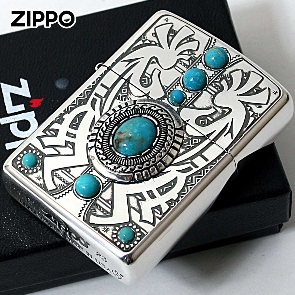 Zippo ジッポー アーマー ネイティブアメリカン ココペリ ターコイズ 天然石 インディアン スピリット 両面加工 ARMOR INDIAN SPIRIT ココペリ