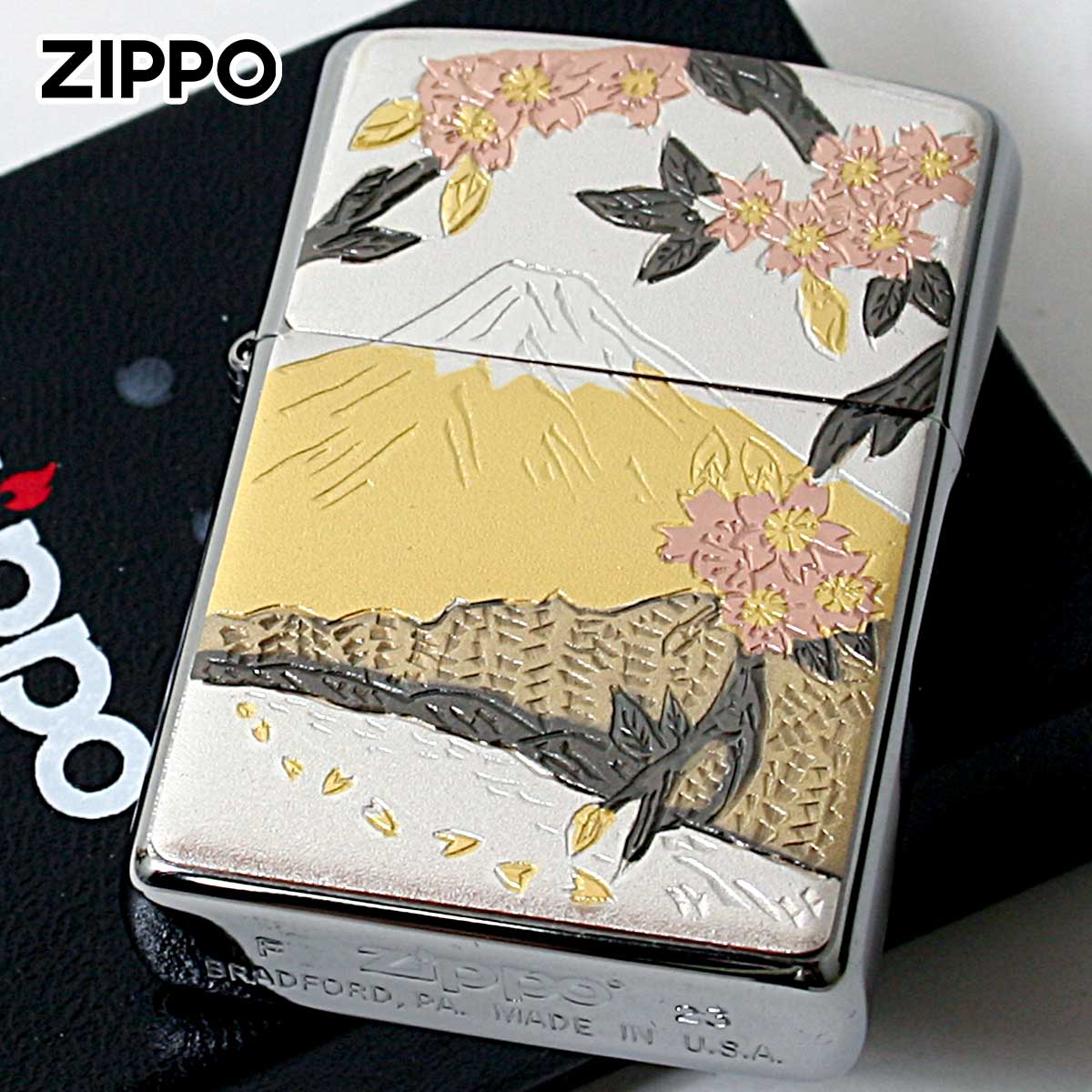 Zippo ジッポー 電鋳板 プレート貼り 和柄 伝統工芸 富士桜 FUJI SAKURA