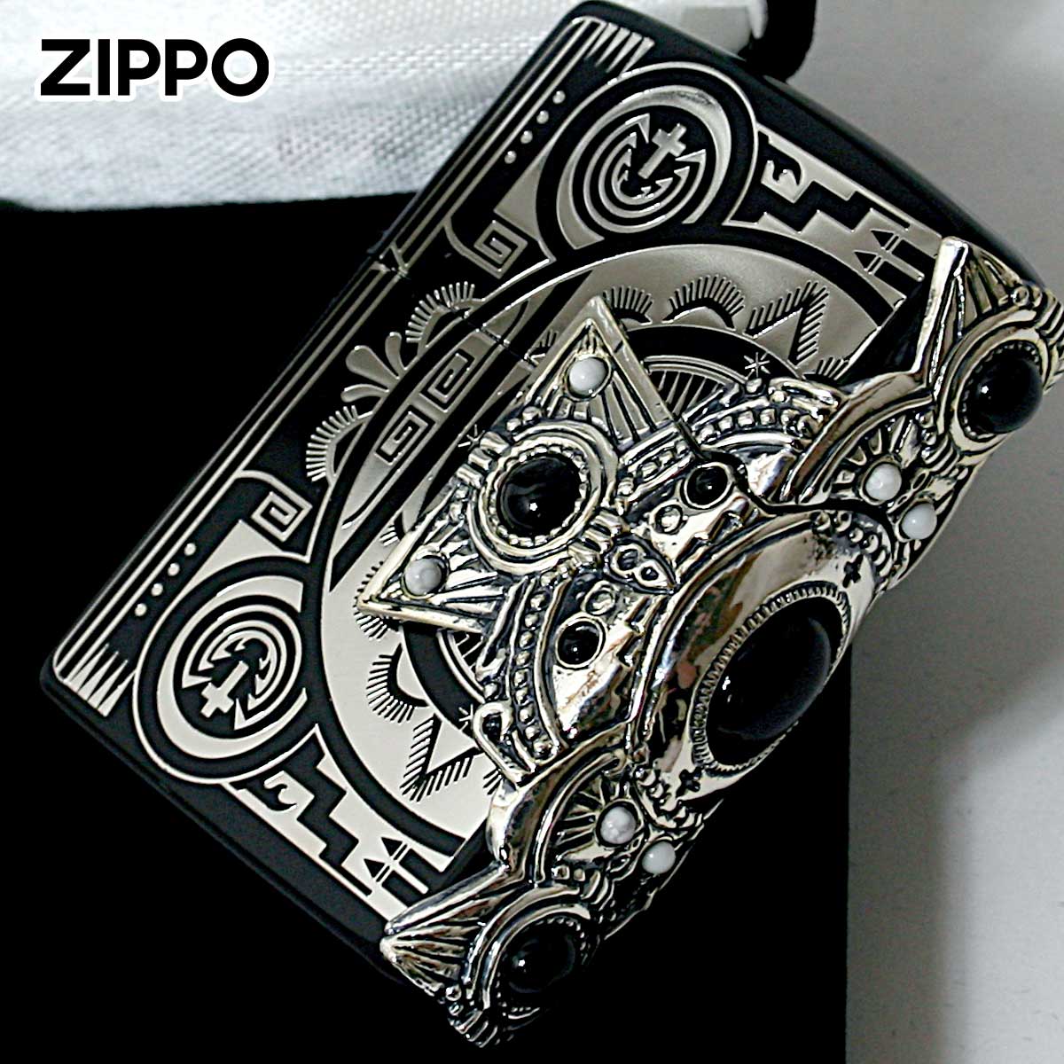 Zippo ジッポー ネイティブアメリカン クロス 十字架 Cross オニキス ハウライト 天然石 インディアン スピリット イオンブラック INDIAN SPIRIT BK クロス