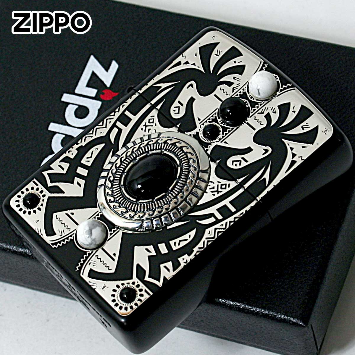Zippo ジッポー アーマー ネイティブアメリカン ココペリ 精霊 オニキス ハウライト 天然石 インディアン スピリット イオンブラック ARMOR INDIAN SPIRIT BK ココペリ
