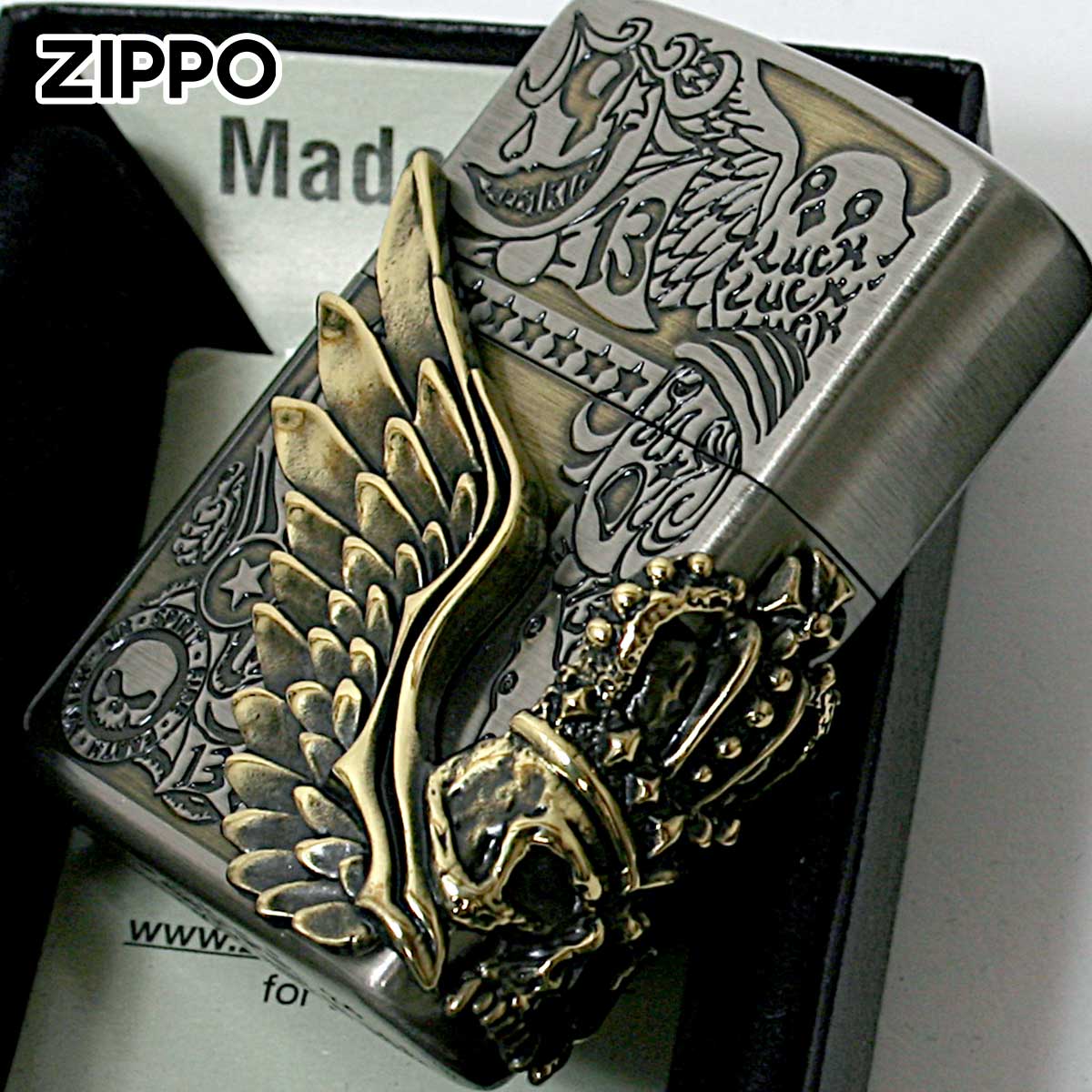 Zippo ジッポー スカル ドクロ 骸骨 羽 ウイング フォーチュンヘッド コンビネーション古美 Fortune Head Ni&BS